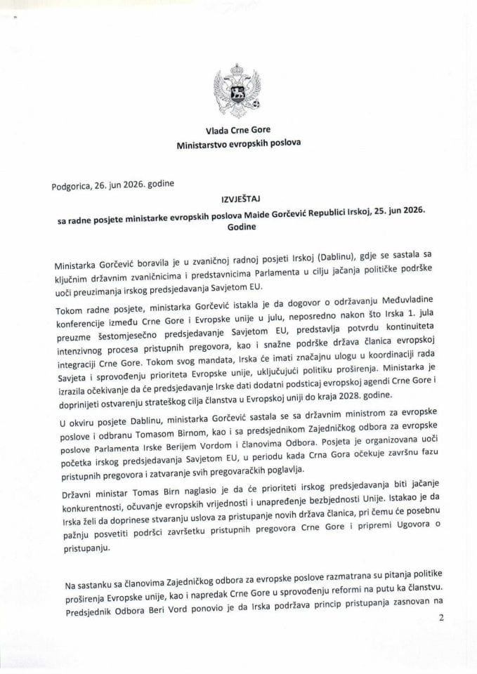 Izvještaj sa radne posjete ministarke evropskih poslova Maide Gorčević Republici Irskoj, 25. jun 2026. godine