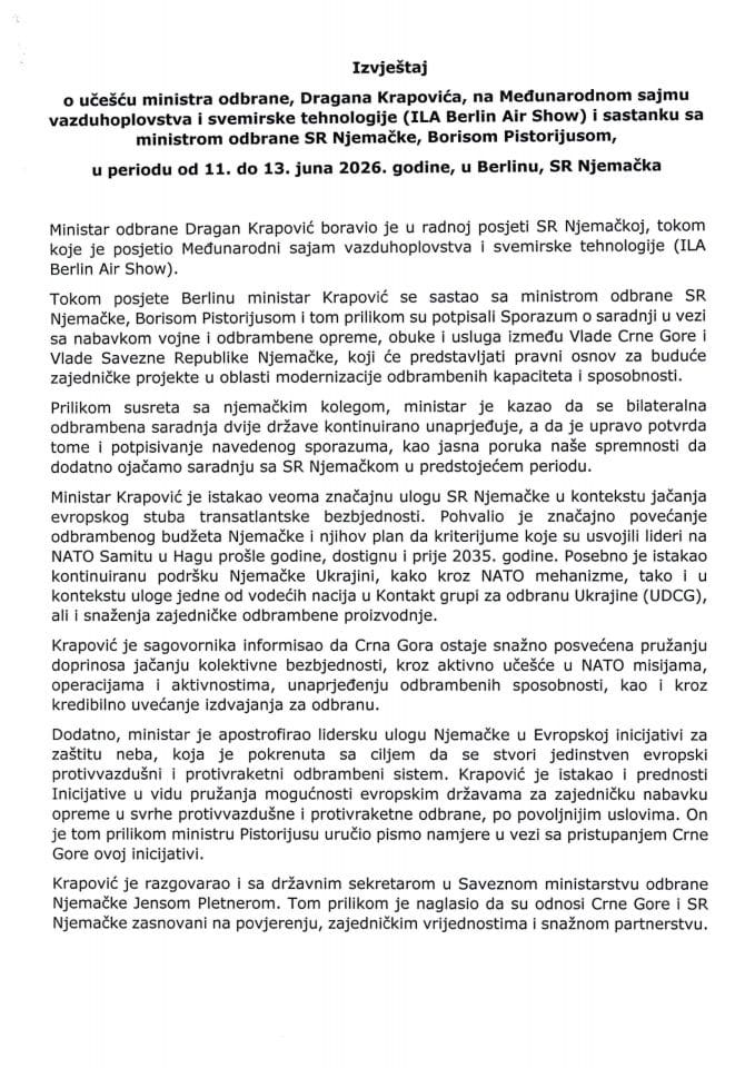 Izvještaj o učešću ministra odbrane, Dragana Krapovića, na Međunarodnom sajmu vazduhoplovstva i svemirske tehnologije (ILA Berlin Air Show) i sastanku sa ministrom odbrane SR Njemačke, Borisom Pistorijusom