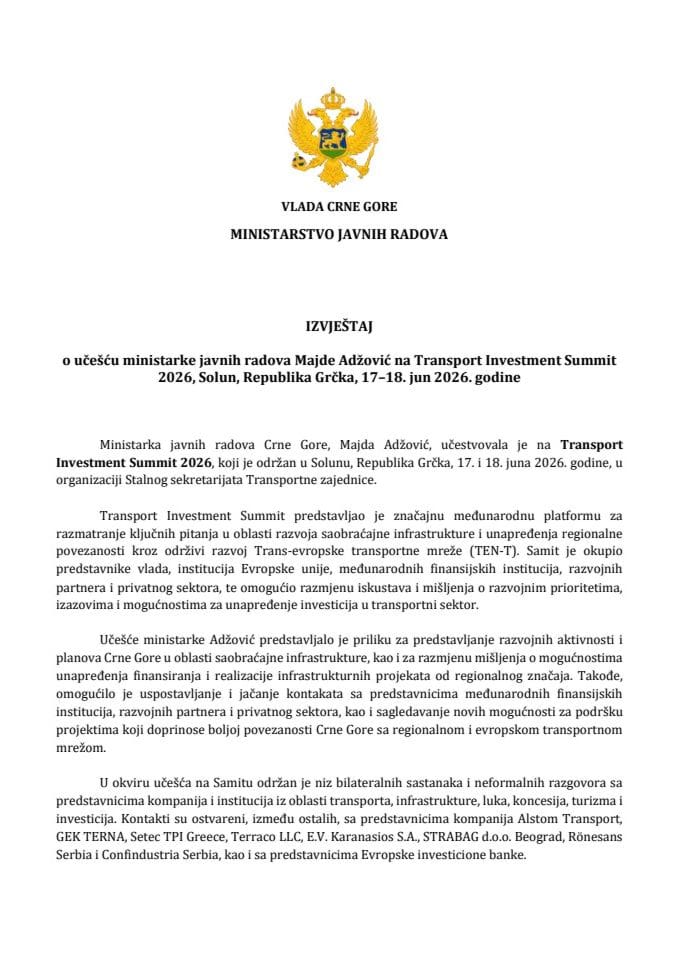Izvještaj o učešću ministarke javnih radova Majde Adžović na Transport Investment Summit 2026, Solun, Republika Grčka, 17–18. jun 2026. godine