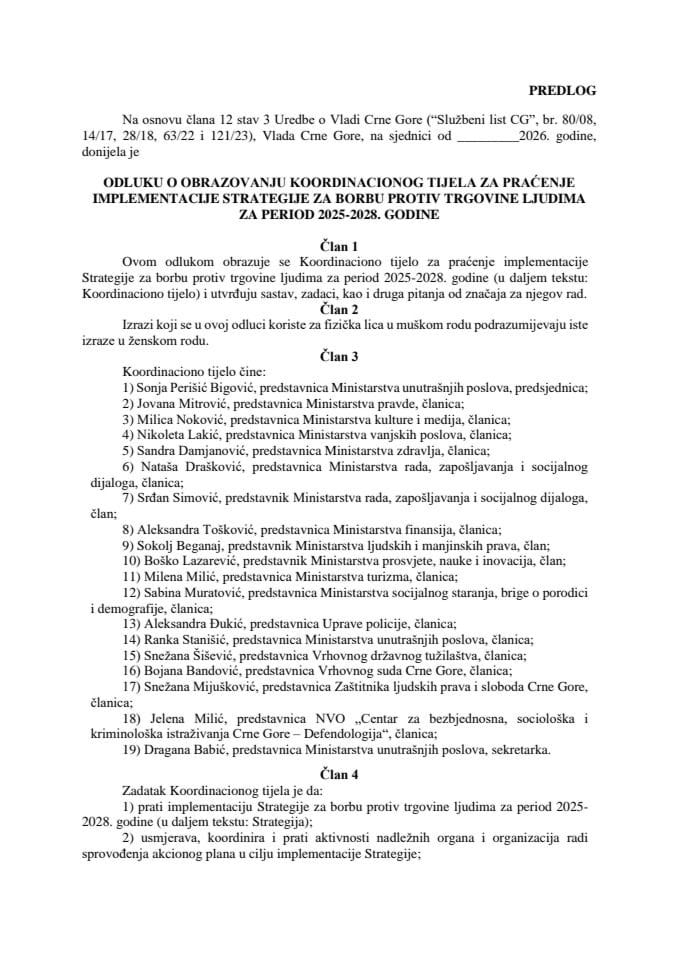 Predlog odluke o obrazovanju Koordinacionog tijela za praćenje implementacije Strategije za borbu protiv trgovine ljudima za period 2025-2028. godine