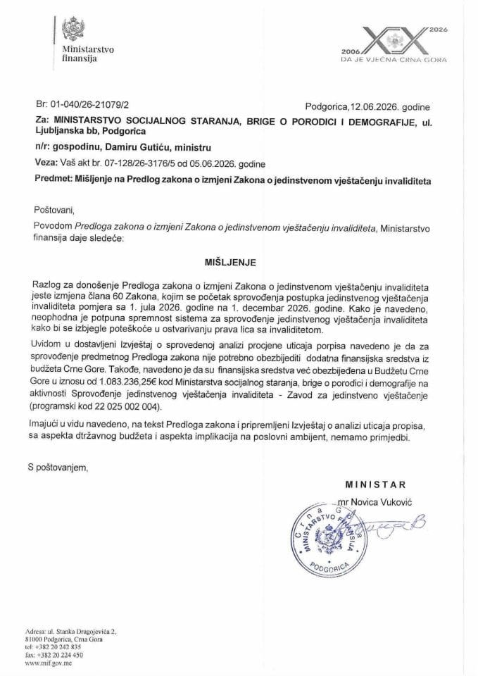 Mišljenje na Predlog zakona o izmjeni Zakona o jedinstvenom vještačenju invaliditeta