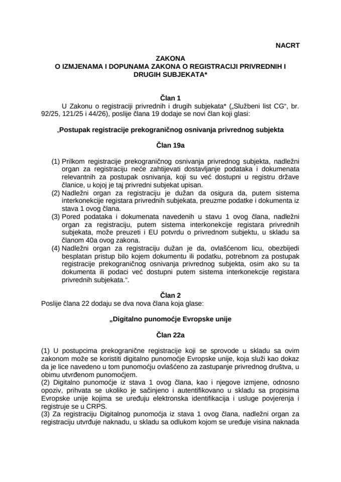 Нацрт закона о измјенама и допунама Закона о регистрацији привредних и других субјеката