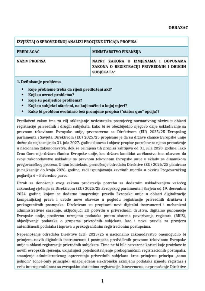 Извјештај о спровденој анализи утицаја прописа (РИА образац)