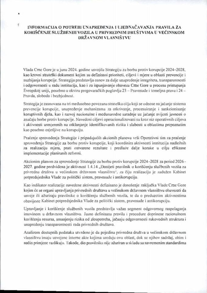 Informacija o potrebi unapređenja i ujednačavanja pravila za korišćenje službenih vozila u privrednim društvima u većinskom državnom vlasništvu