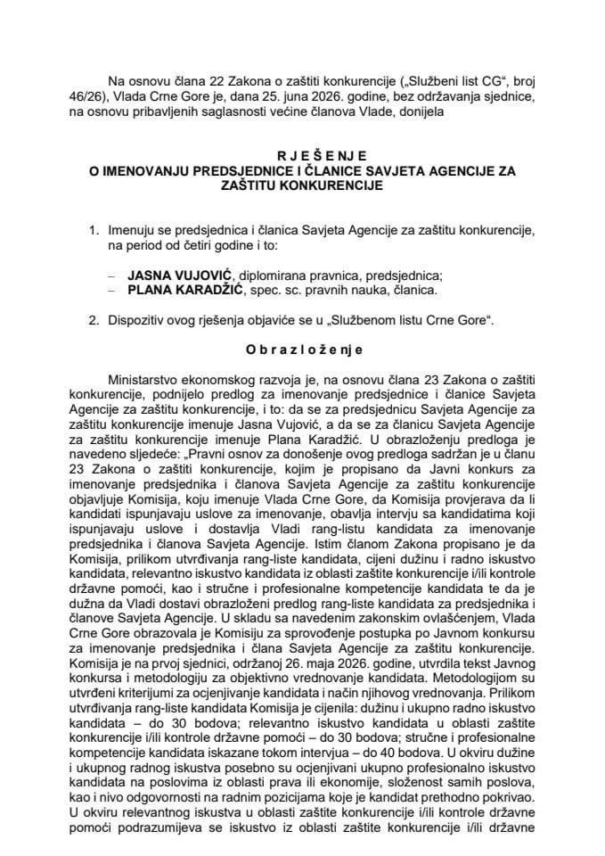 Izvještaj o radu Komisije za sprovođenje postupka po Javnom konkursu za imenovanje predsjednika i člana Savjeta Agencije za zaštitu konkurencije sa Predlogom rješenja o imenovanju predsjednika i člana Savjeta Agencije za zaštitu konkurencije