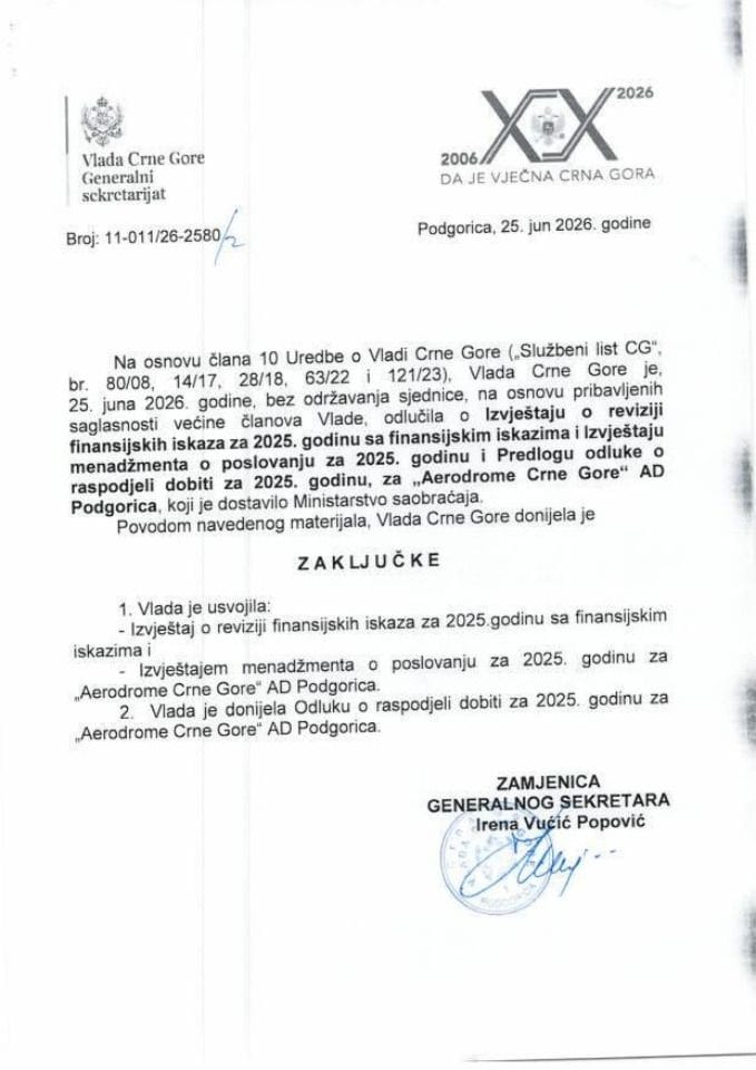 Izvještaj o reviziji finansijskih iskaza za 2025. godinu sa finansijskim iskazima, Izvještaj menadžmenta o poslovanju za 2025. godinu i Predlog odluke o raspodjeli dobiti za 2025. godinu za „Aerodromi Crne Gore” AD Podgorica - Zaključci