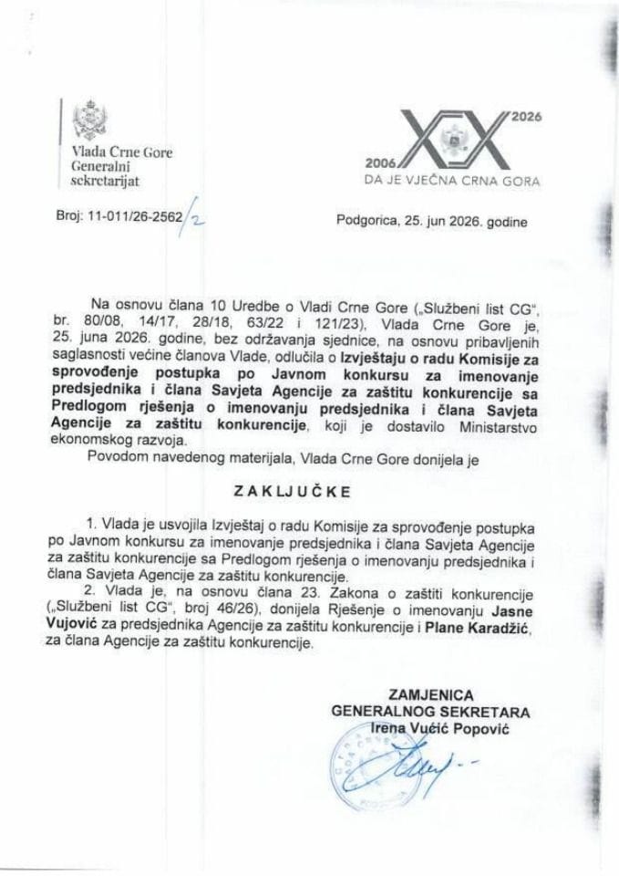Izvještaj o radu Komisije za sprovođenje postupka po Javnom konkursu za imenovanje predsjednika i člana Savjeta Agencije za zaštitu konkurencije sa Predlogom rješenja o imenovanju predsjednika i člana Savjeta Agencije za zaštitu konkurencije - Zaključci