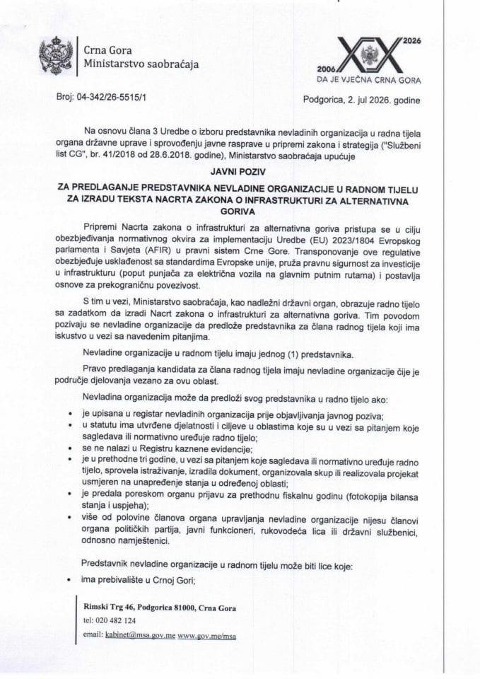 Javni poziv za predlaganje predstavnika nevladine organizacije u radnom tijelu za izradu teksta Nacrta zakona o infrastrukturi za alternativna goriva