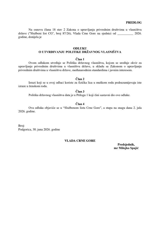 Predlog odluke o utvrđivanju politike državnog vlasništva