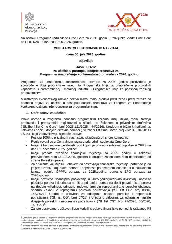 Javni poziv -Program 2026