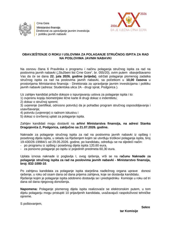 Obavještenje o roku i uslovima za polaganje stručnog ispita za rad na poslovima javnih nabavki