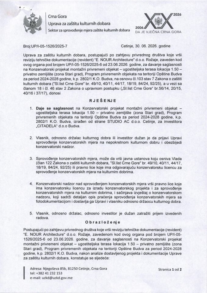 Rješenje o saglasnosti na konzervatorski projekat UP-I-05-1526-2025-7 od 30.06.2026.