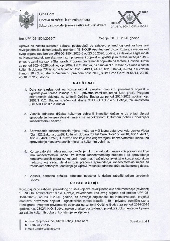 Rješenje o saglasnosti na konzervatorski projekat UP-I-05-1504-2025-7 od 30.06.2026.