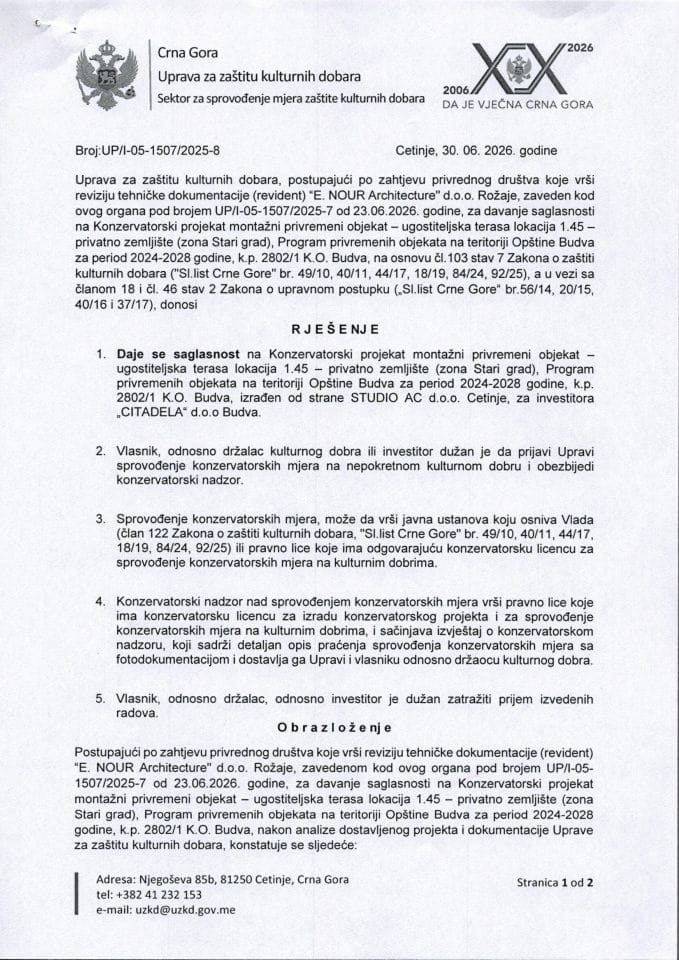 Rješenje o saglasnosti na konzervatorski projekat UP-I-05-1507-2025-8 od 30.06.2026.