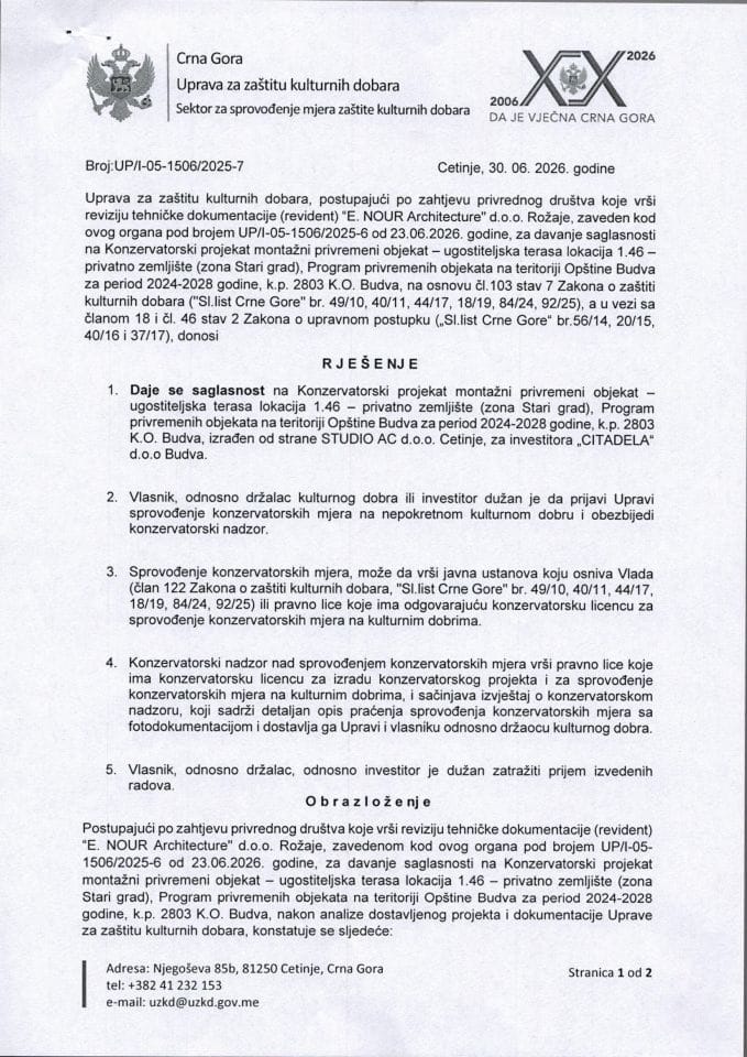 Rješenje o saglasnosti na konzervatorski projekat UP-I-05-1506-2025-7 od 30.06.2026.