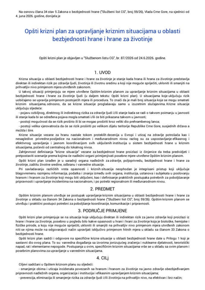 Opšti krizni plan za upravljanje kriznim situacijama u oblasti bezbjednosti hrane i hrane za životinje
