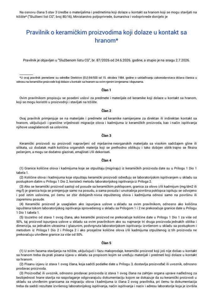 Pravilnik o keramičkim proizvodima koji dolaze u kontakt sa hranom