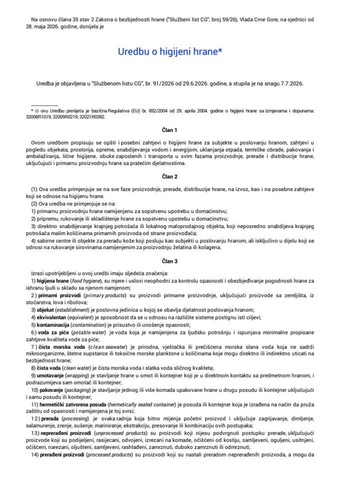 Uredba o higijeni hrane
