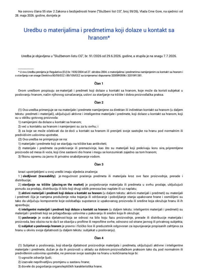Uredba o materijalima i predmetima koji dolaze u kontakt sa hranom