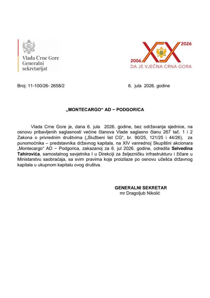 Predlog za određivanje punomoćnika - predstavnika državnog kapitala na XIV vanrednoj Skupštini akcionara „Montecargo“ AD – Podgorica
