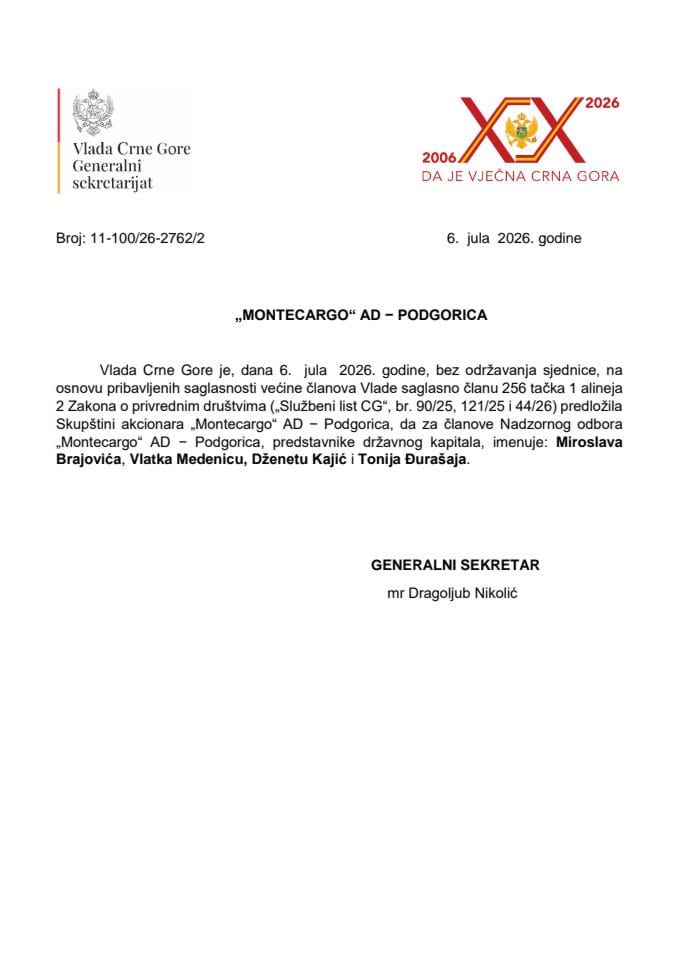 Predlog za imenovanje članova Nadzornog odbora „Montecargo“ AD - Podgorica
