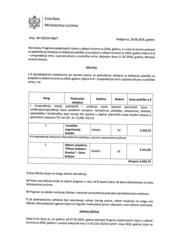 Odluka - Mjera III A - Unapređenje infra i suprastrukture u turističke svrhe