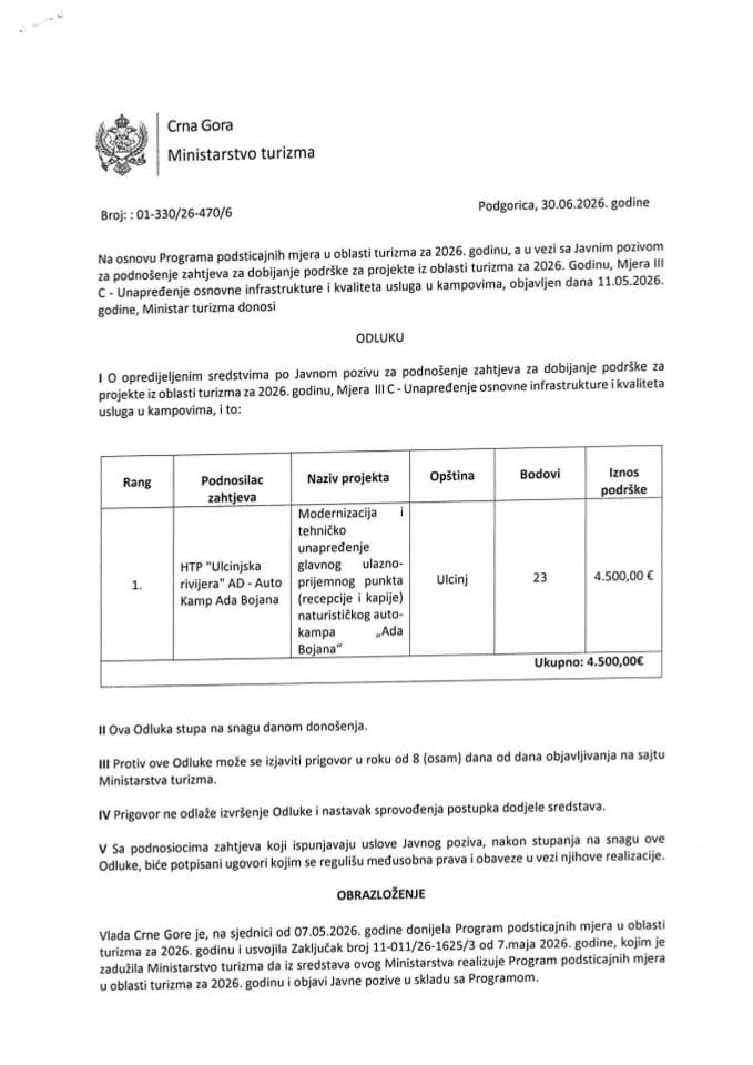 Odluka - Mjera III C - Unapređenje osnovne infrastrukture i kvaliteta usluga u kampovima