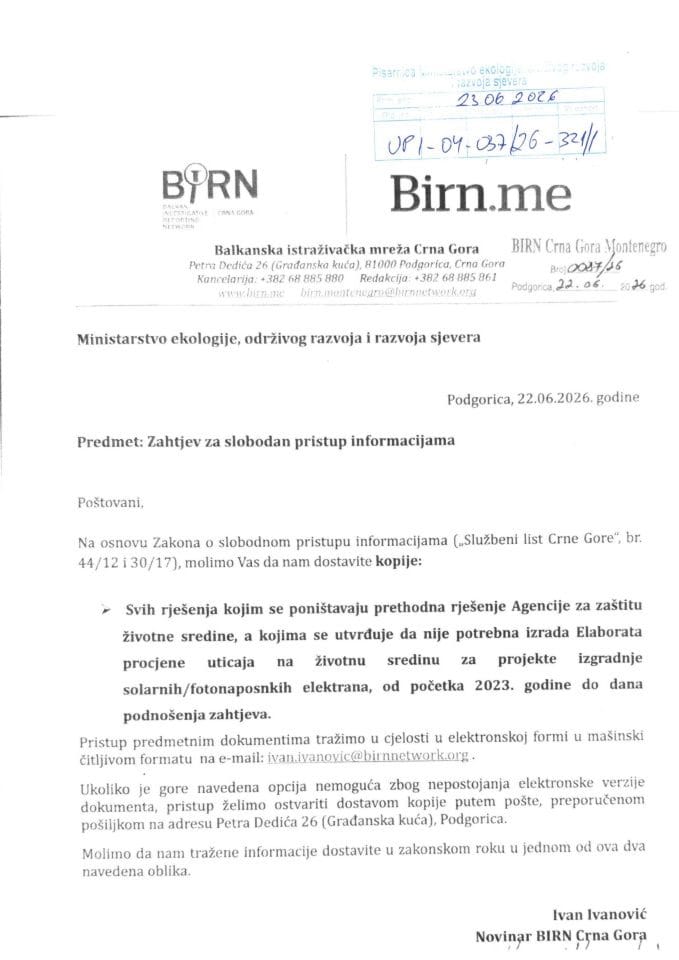 Zahtjev BIRN UPI-04-037-26-321-1 od 23.06.2026.godine