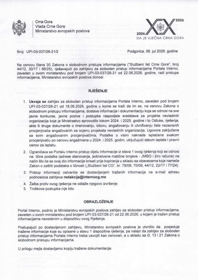 Zahtjev za slobodan pristup informacijama Rješenje NVO projekti (za Portal Interno)