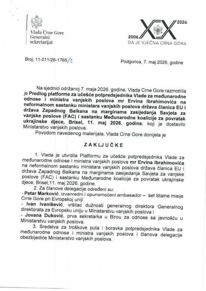Предлог платформе за учешће потпредсједника Владе за међународне односе Ервина Ибрахимовића на неформалном састанку министара вањских послова држава чланица ЕУ и држава Западног Балкана, Брисел, 11. мај 2026. године - закључци