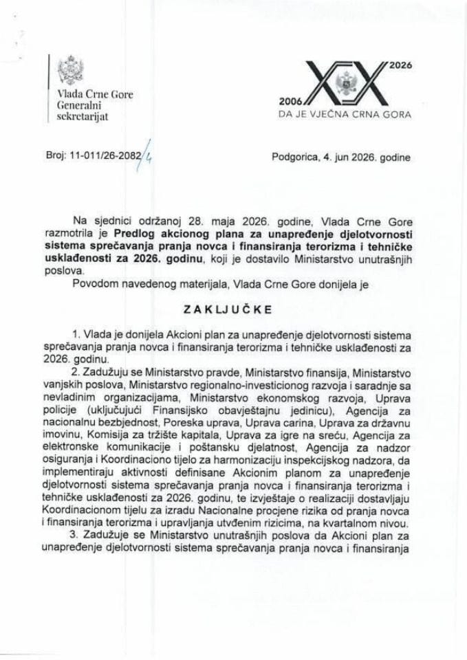 Predlog akcionog plana za unapređenje djelotvornosti sistema sprečavanja pranja novca i finansiranja terorizma i tehničke usklađenosti za 2026. godinu - zaključci