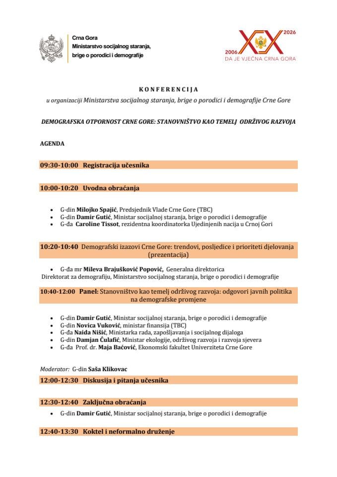 AGENDA - Konferencija Demografska otpornost Crne Gore Stanovništvo kao temelj održivog razvoja