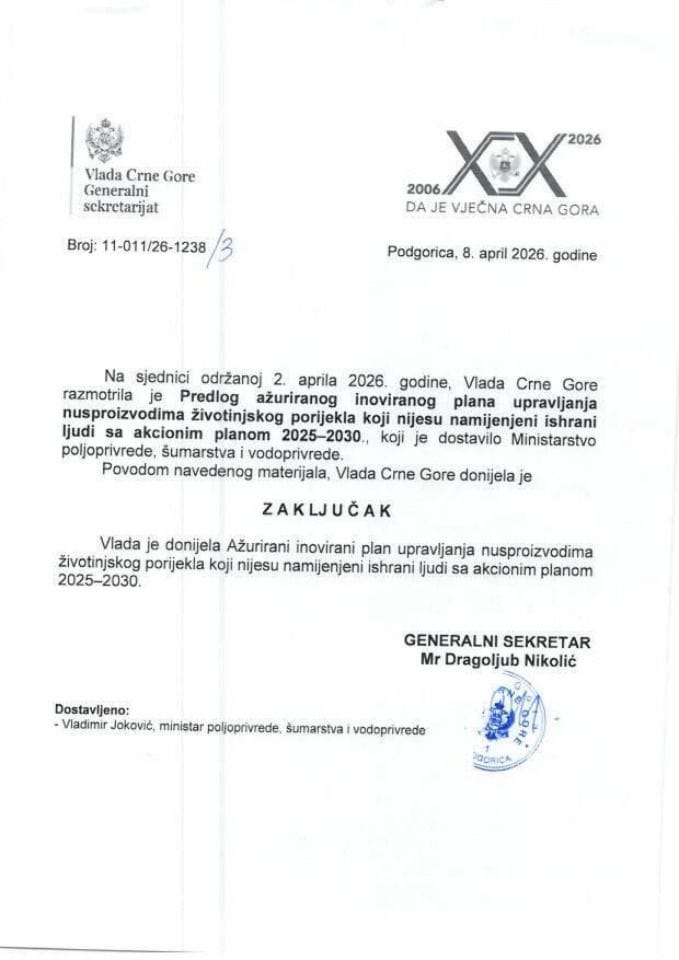 Predlog ažuriranog inoviranog plana upravljanja nusproizvodima životinjskog porijekla koji nijesu namijenjeni ishrani ljudi sa Akcionim planom 2025-2030 - zaključci