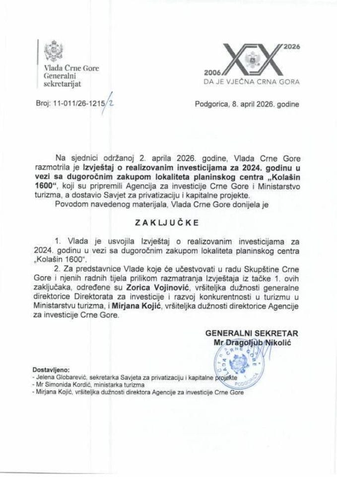 Izvještaj o realizovanim investicijama za 2024. godinu u vezi sa dugoročnim zakupom lokaliteta planinskog centra „Kolašin 1600“ - zaključci