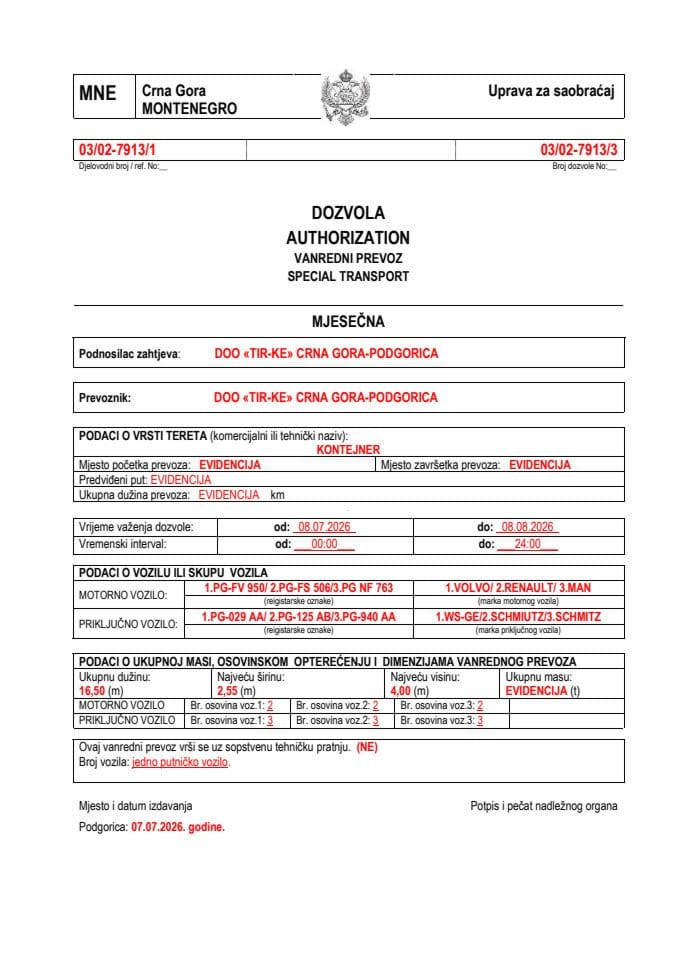 TIR-KE 03-02-7913-jul-mjesečna