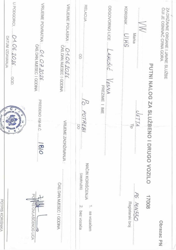Putni nalozi 1.6.2026. - 1.7.2026. godine 2