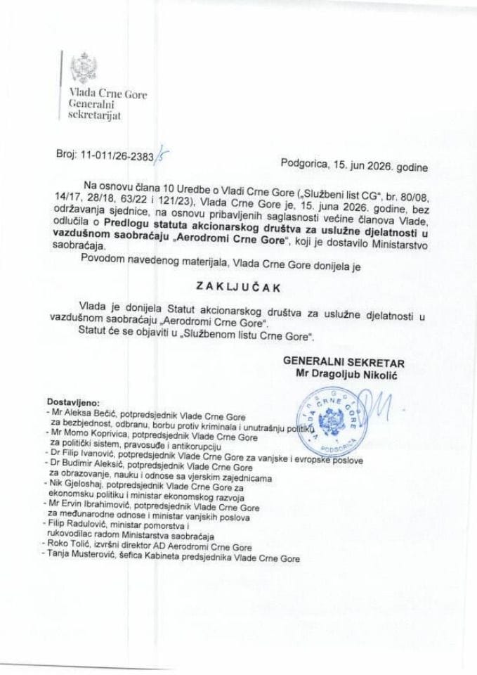 Предлог статута акционарског друштва за услужне дјелатности у ваздушном саобраћају „Аеродроми Црне Горе“ - Закључци