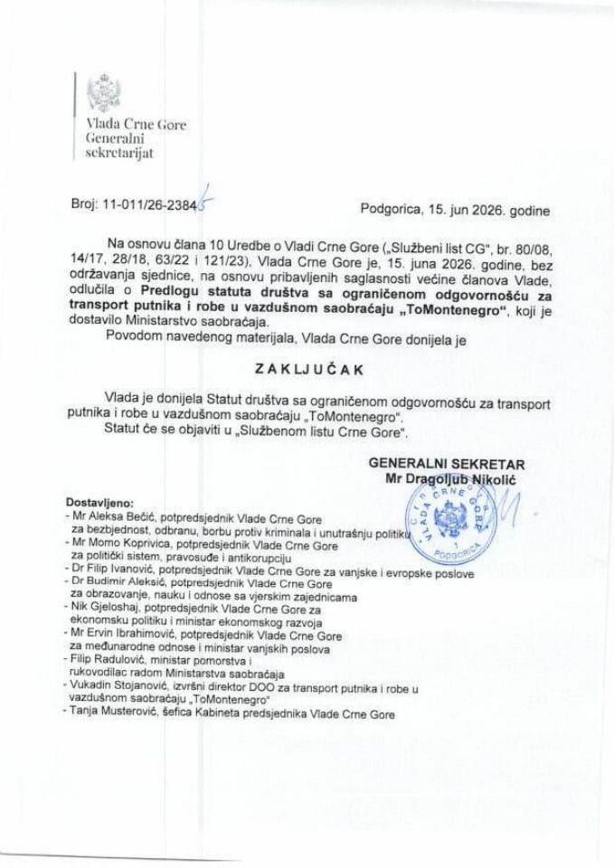 Предлог статута друштва са ограниченом одговорношћу за транспорт путника и робе у ваздушном саобраћају „ToMontenegro“ - Закључци