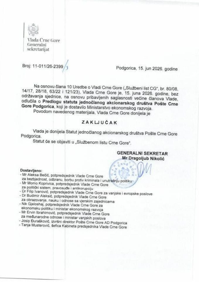 Предлог статута једночланог акционарског друштва Поште Црне Горе Подгорица - Закључци