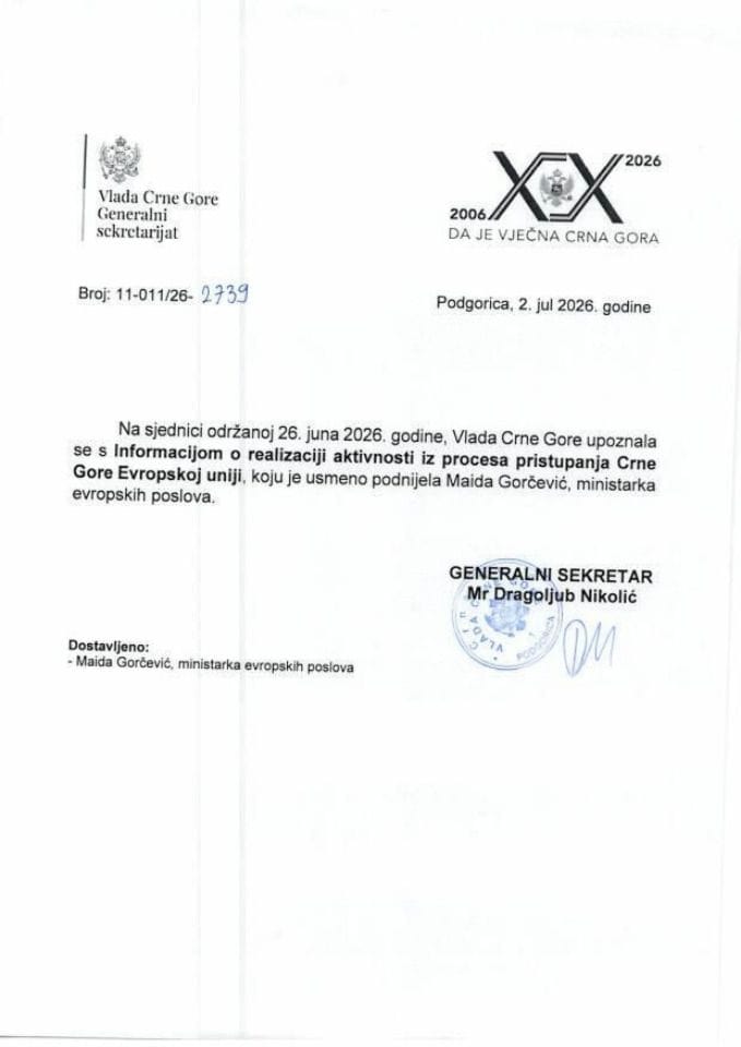 Усмена информација о реализацији активности из процеса приступања Црне Горе Европској унији - Закључци