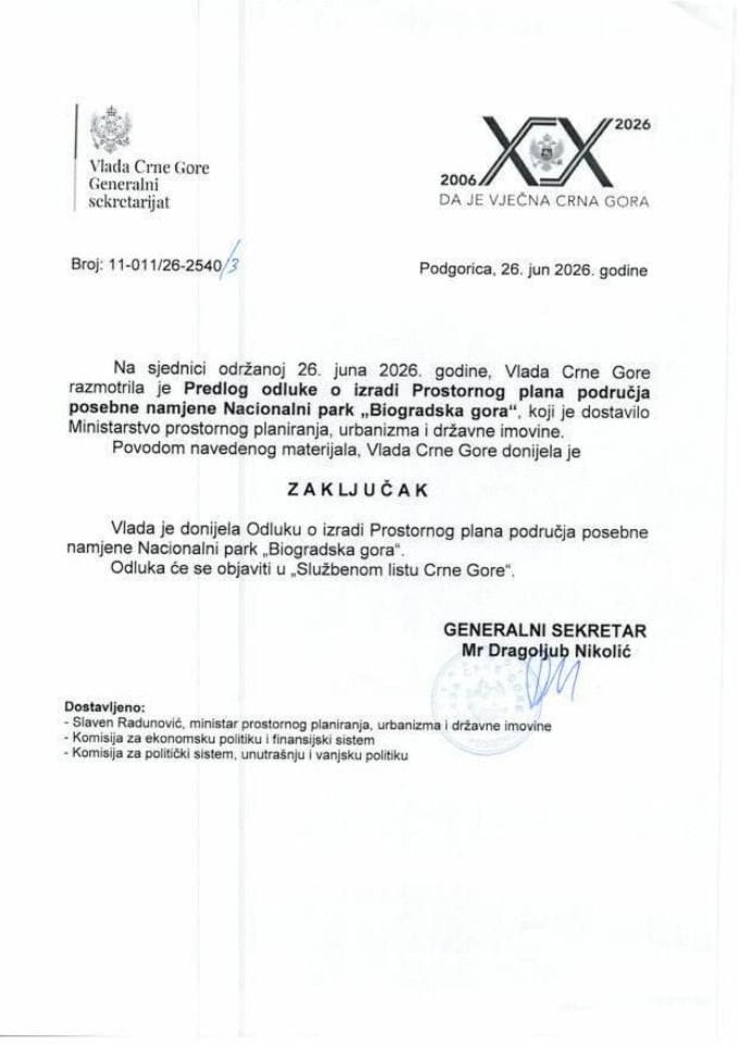 Предлог одлуке о изради Просторног плана подручја посебне намјене Национални парк „Биоградска гора" - Закључци