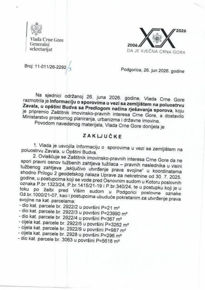 Информација о споровима у вези са земљиштем на полуострву Завала, у општини Будва са Предлогом начина рјешавања спорова коју је припремио Заштитник имовинско правних интереса Црне Горе - Закључци