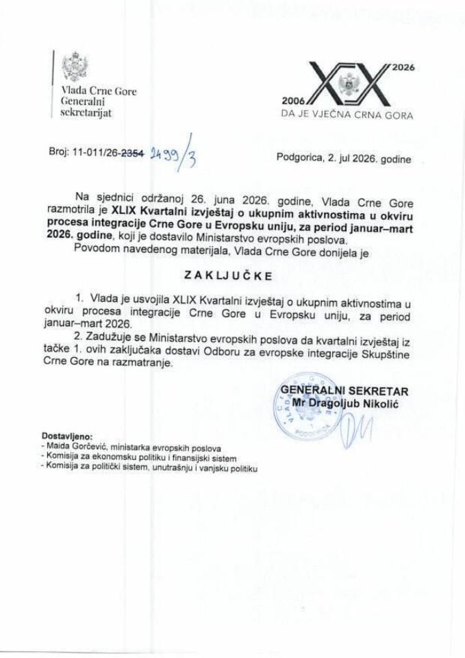 XLIX Квартални извјештај о укупним активностима у оквиру процеса интеграције Црне Горе у Европску унију, за период јануар - март 2026. године - Закључци