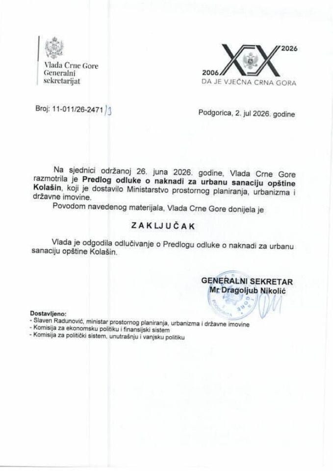 Предлог одлуке о накнади за урбану санацију општине Колашин - ОДГОЂЕНО - Закључци