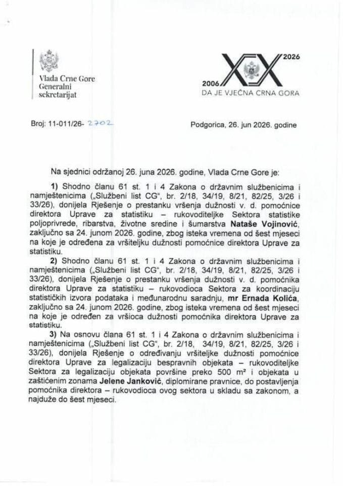 Кадровска питања - 132. сједница Владе - Закључци