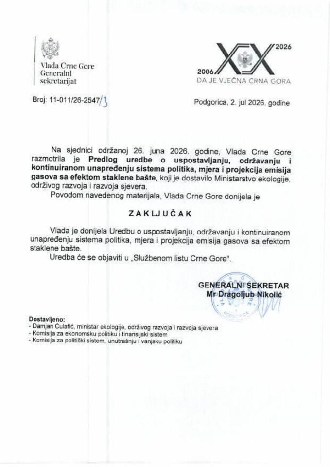 Предлог уредбе о успостављању, одржавању и континуираном унапређењу система политика, мјера и пројекција емисија гасова са ефектом стаклене баште - Закључци