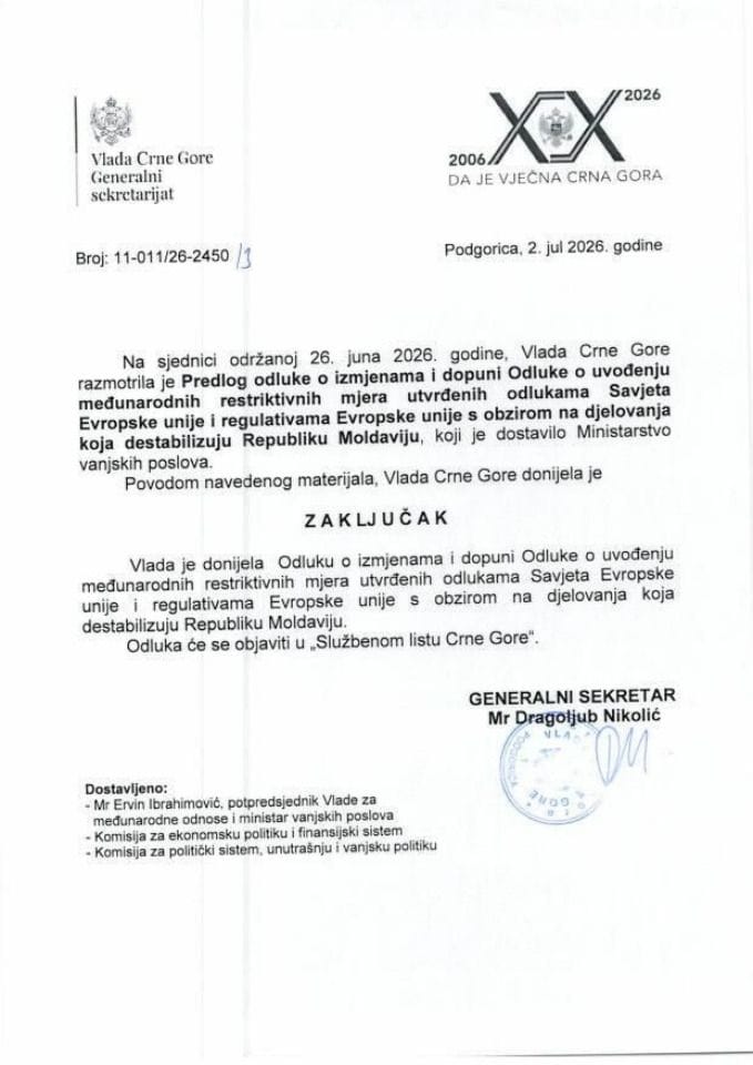 Предлог одлуке о измјенама и допуни Одлуке о увођењу међународних рестриктивних мјера утврђених одлукама Савјета Европске уније и регулативама Европске уније с обзиром на дјеловања која дестабилизују Републику Молдавију - Закључци