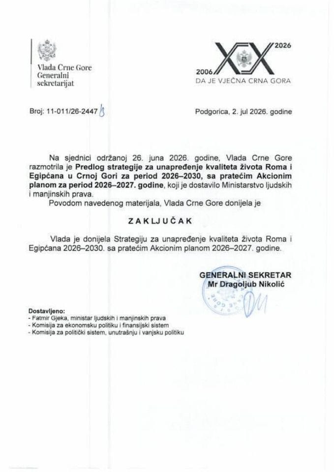 Предлог стратегије за унапређење квалитета живота Рома и Египћана у Црној Гори за период 2026 - 2030, са пратећим Акционим планом за период 2026 - 2027. - Закључци