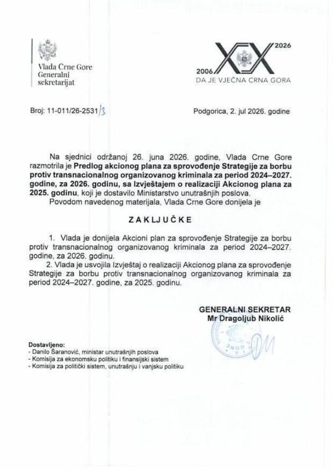 Предлог акционог плана за спровођење Стратегије за борбу против транснационалног организованог криминала за период 2024-2027.годину, за 2026. годину, са Извјештајем о реализацији Акционог плана, за 2025. годину - Закључци