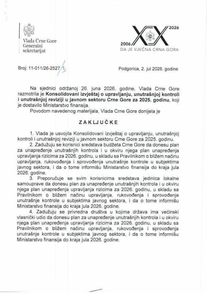 Консолидовани извјештај о управљању, унутрашњој контроли и унутрашњој ревизији у јавном сектору Црне Горе за 2025. годину - Закључци
